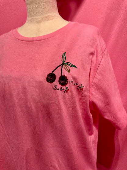 Abbie Walsh x Babymary Embroidery Tee shirts beaded Cherries in pink