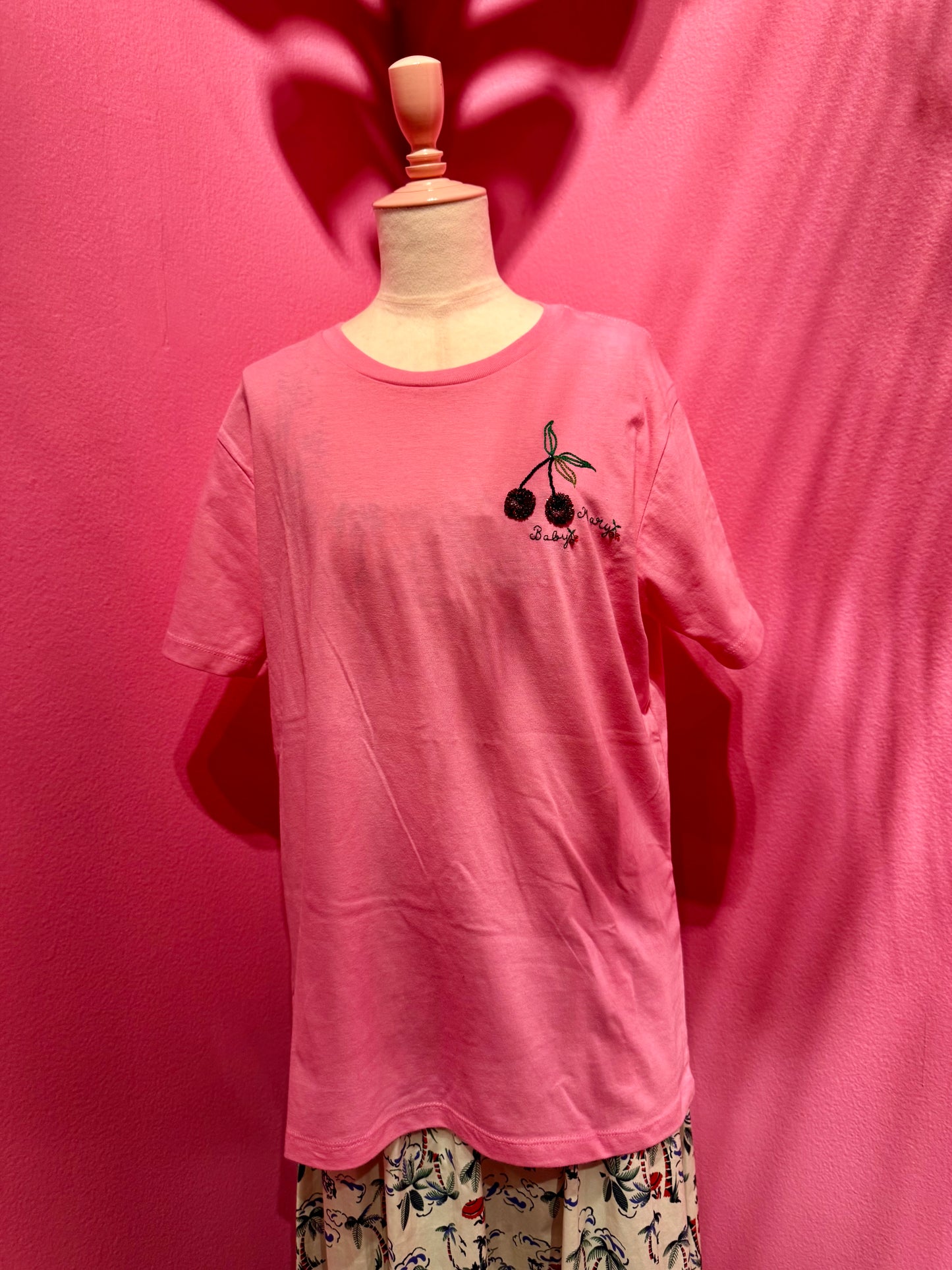 Abbie Walsh x Babymary Embroidery Tee shirts beaded Cherries in pink
