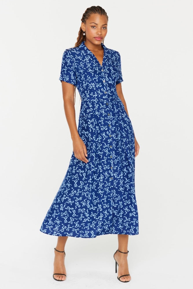 HVN Long Maria Dress  in Blue Bows
