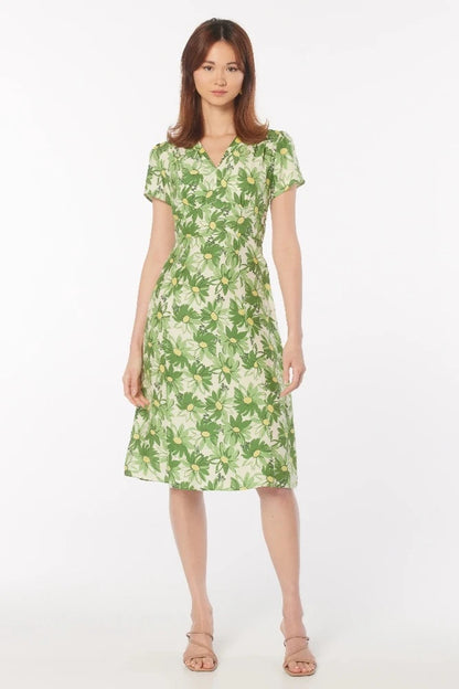 HVN Morgan Silk Dress Painted Daisy green