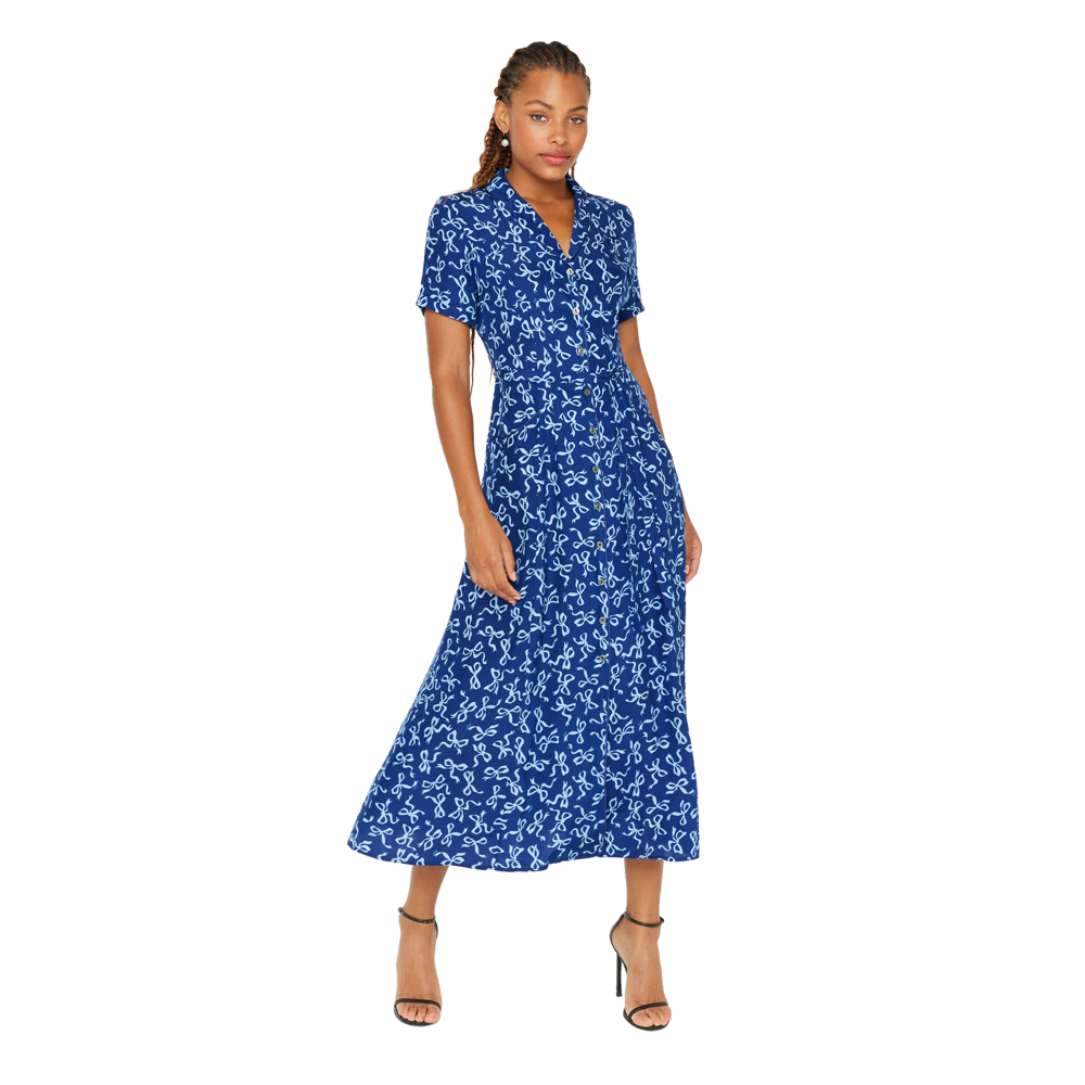 HVN Long Maria Dress  in Blue Bows