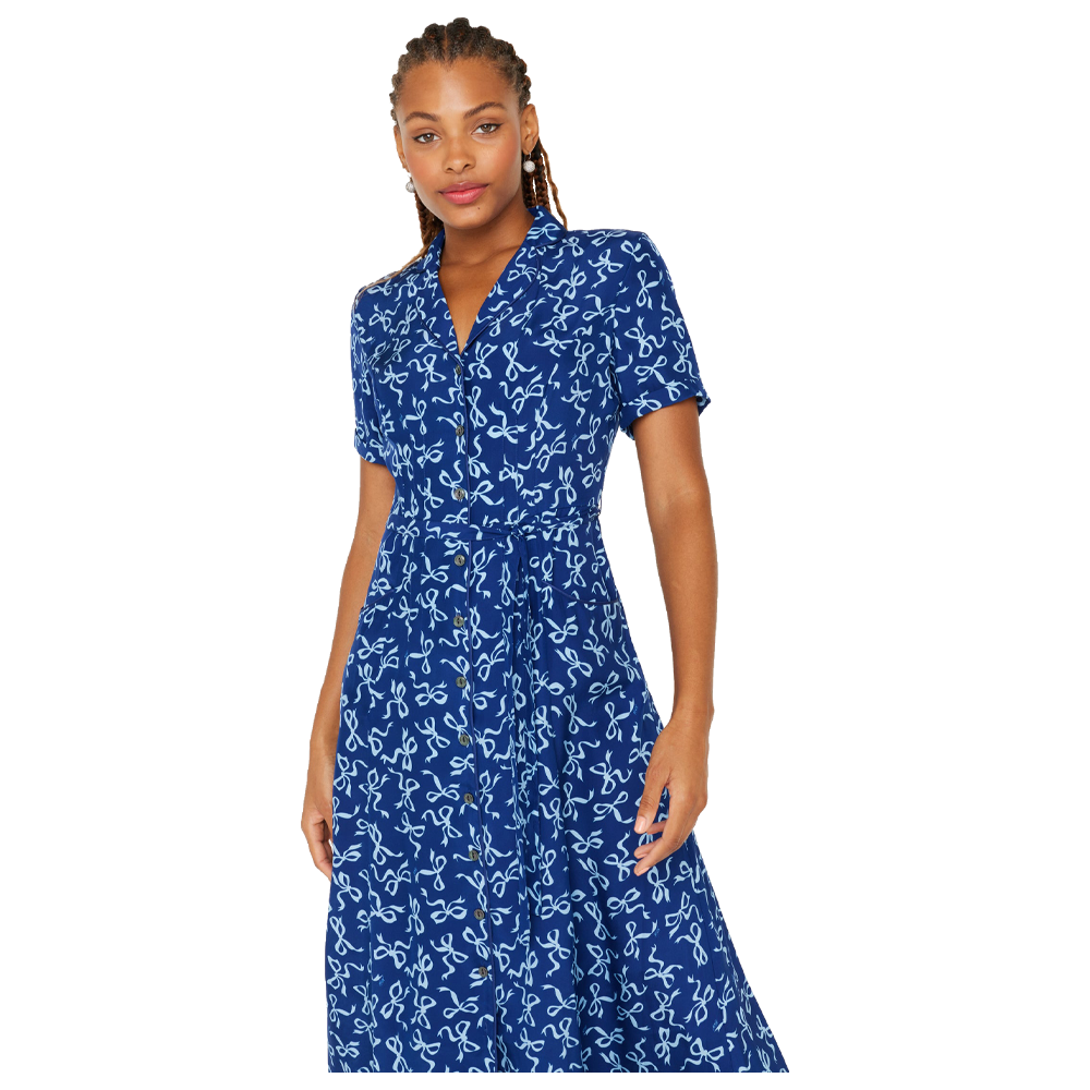 HVN Long Maria Dress  in Blue Bows