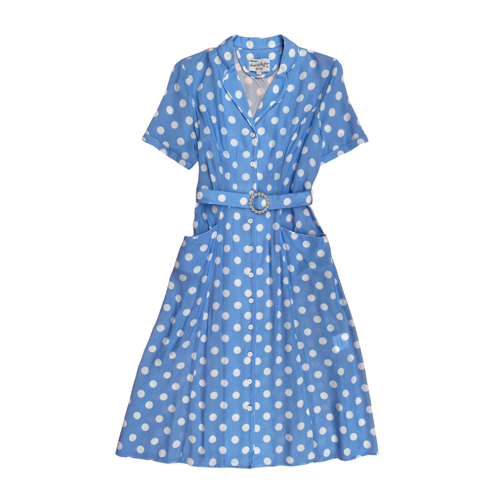 HVN Maria dress w/ daisy belt blue polka dot